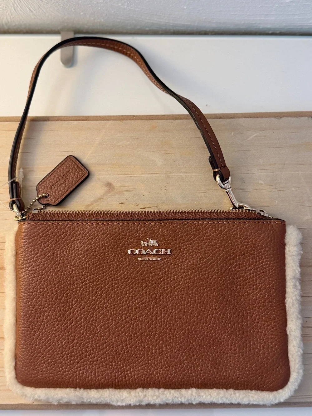 Coach Brown Leather Wristlet with Shearling Trim